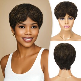 RUWISS Pixie Cut Wig Human Hair with Bangs Natural Short Black Wig Layered Wavy Different Style Short Wigs for Black Women (F2/30#)