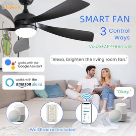 Sofucor 52" Smart Ceiling Fan, Indoor/Outdoor Black Ceiling Fans with Lights and Remote, Works with Alexa/Google/App, 3-Color Light 6-Speed Timing Reversible DC Motor for Bedroom Living Room Patio
