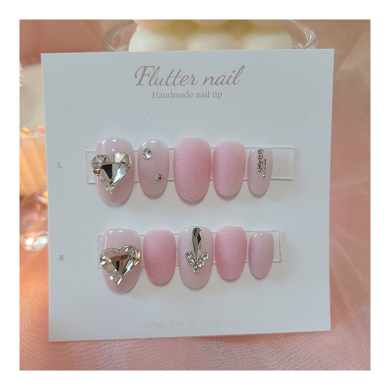 Pink sprinkle point heart stone handmade nail tip - Long