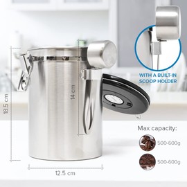 Joejis Coffee Canister Airtight 1.8 L - Coffee Bean Container Made of Stainless Steel - Vacuum Aroma Proof with Measuring Spoon - Storage Container for Tea Cocoa - Keep Flavours Long and Fresh