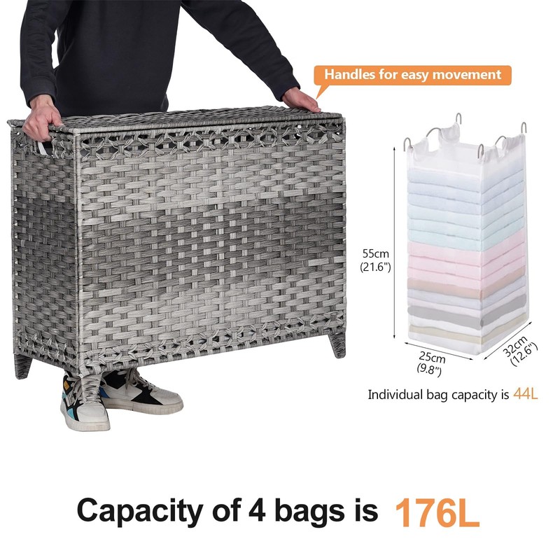 Laundry Hamper with 4 Removable Liner Bags; 176L Handwoven Rattan