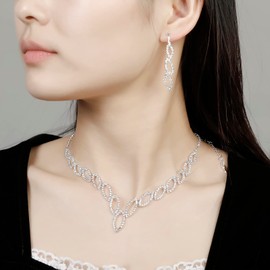 RUOFFETA Bridal Jewelry Set, Silver Rhinestone Necklace Earrings Set Wedding Jewelry Set for Brides and Bridesmaid(Style C)