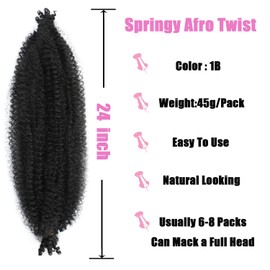 LPARMJIT Springy Afro Twist Hair 24 Inch 3 Packs Pre-Separated Kinky Marley Twist Braiding Hair for Soft Butterfly Locs Pre-Fluffed Afro Twist Hair Extensions (24 Inch (Pack of 3), 1b)