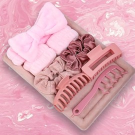 LUUFAN Pink Spa Headband Set for Skincare Face Washing and Makeup, Fuzzy Bow Hairband Wristbands Hair Claw Clips and Hair Ties Comb for Women Girls