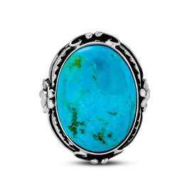 Large Oval Flower Motif Natural Compressed Turquoise Southwestern Boho Statement Ring Bali Style 925 Sterling Silver