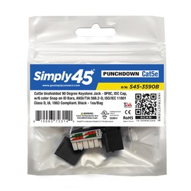 Simply45 Cat5e UTP 90-Degree Black Keystone 110 Style RJ45 Jack, 8P8C, 50