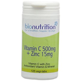 Bio Nutrition Vitamin C 500mg + Zinc 15mg : Antioxidant and Immune Vitamin and Mineral Combination : 125 Vegi Tablets