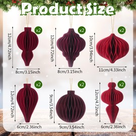 Watersay 12 Pcs Christmas Paper Honeycomb Ornaments Neutral Paper Lantern Ornament Vintage 3D Hanging Honeycomb Balls for Christmas Tree Party Decorations (Red Tones)