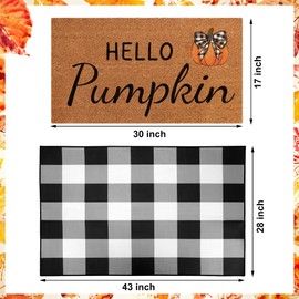 Fall Decor Door Mat Combo Set Hello Pumpkin 100% Coco Coir Welcome Mat + 28x43in Black White Buffalo Plaid Rug Fall Thanksgiving Floor Entryway Doormat for Indoor Outdoor Front Porch Entryway Decor