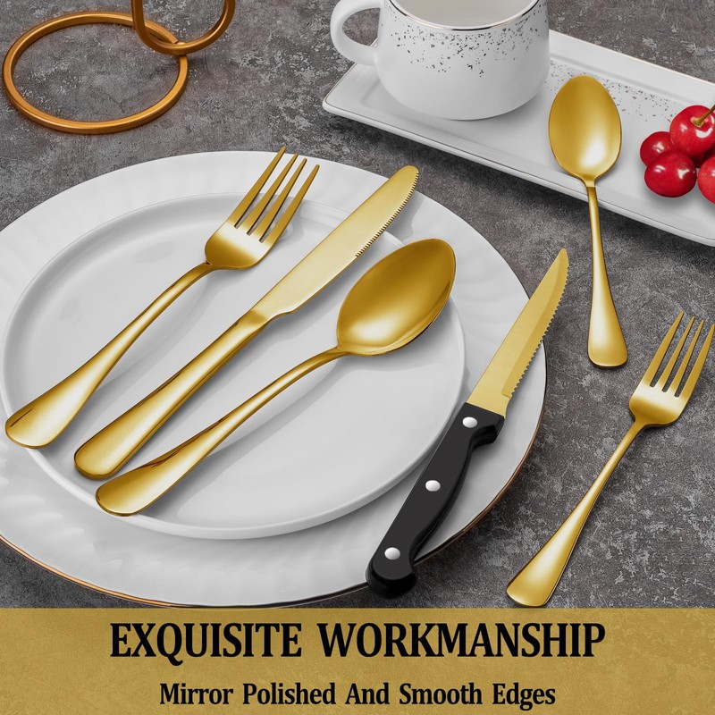 72 Pcs Gold Silverware Set with Steak Knives, Stainless Steel