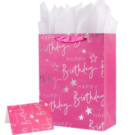 Elephant-package Paper Gift Bag Silver Metallic Happy Birthday Printed, Large Gift Bag for Birthday (12.6" Pink)