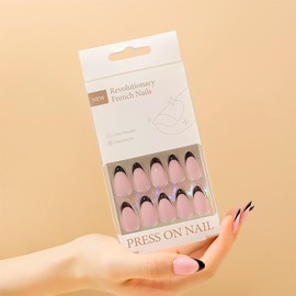 30Pcs Press on Nails Medium Almond SWEKKE French Tip Fake Nails Pink Full Cover Black Nail Tip False Nails with Designs Glossy Glue on Nails Acrylic Nails Manicure Artificial Nails for Women Girls