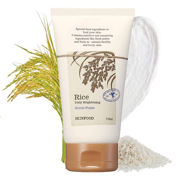 SKINFOOD Rice Daily Scrub Foam 5.07 oz. (150ml) - Hypoallergenic Micro Fine Rice Bran Facial Scrub Foaming Cleanser, Skin Exfoliating with a Dense Foam