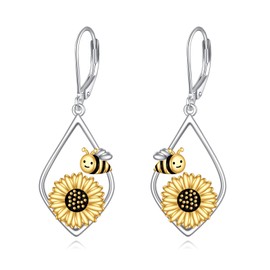 VONALA Sunflower/Four Leaf Clover Earrings 925 Sterling Silver Flower Leverback Earrings Christmas Birthday Jewellery Gifts for Women Girls Mom Wife (Bee Sunflower)