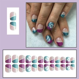 LBPEPAMZ 24Pcs Colorful Press on Nails Short Square Fake Nails with White Flower Designs Blue Purple Glitter French Tips Acrylic False Nails Spring Floral Bling Full Cover Stick on Nails for Women
