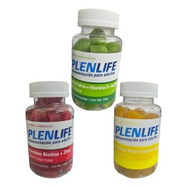 Kit C/3 Botes Gomitas Biotina, Ca, Multivit 50 Pzs. Plenlife Sabor Frutos + tropical + piña