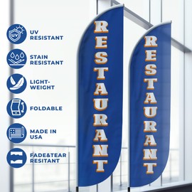 Restaurant Feather Flag(11.5feetX2.5feet) by DreamController | Outdoor Business Advertising Tall Flag | Weather-Resistant Knitted Swooper Flag | Made in USA | HD Print (Flag Only)