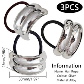 Pack of 3 Metal Hair Scrunchies Ponytail Hair Cuff, Fashion Elastic Elliptical Hair Band, Girls Metal Hair Cuff, Hair Accessory Metal Hair Ring for Women (Silver)