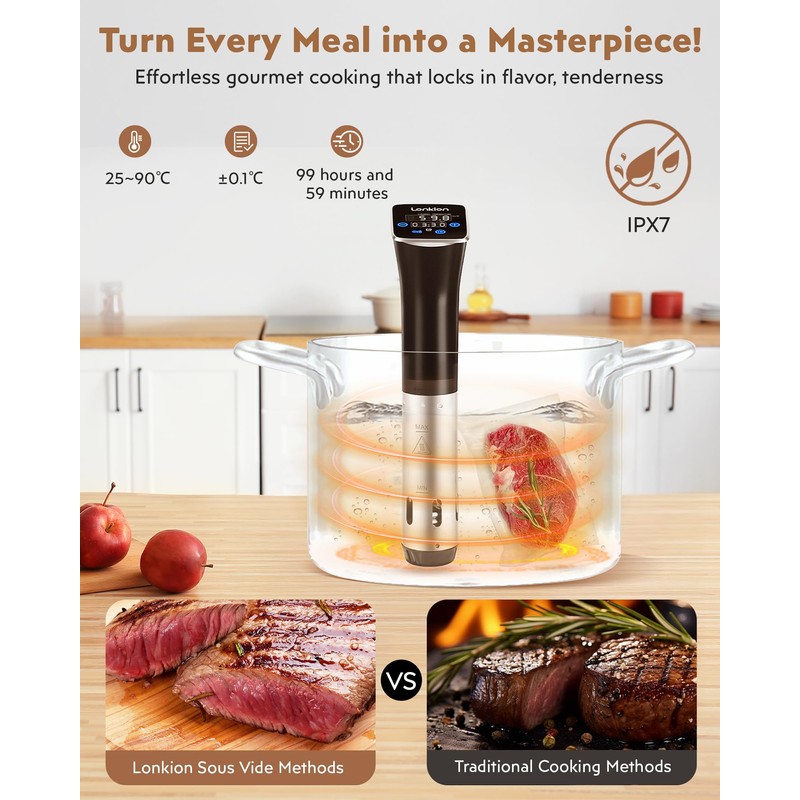 Lonkion Sous Vide Cooker Machine, Temperature Control, 1100W IPX7 Immersion