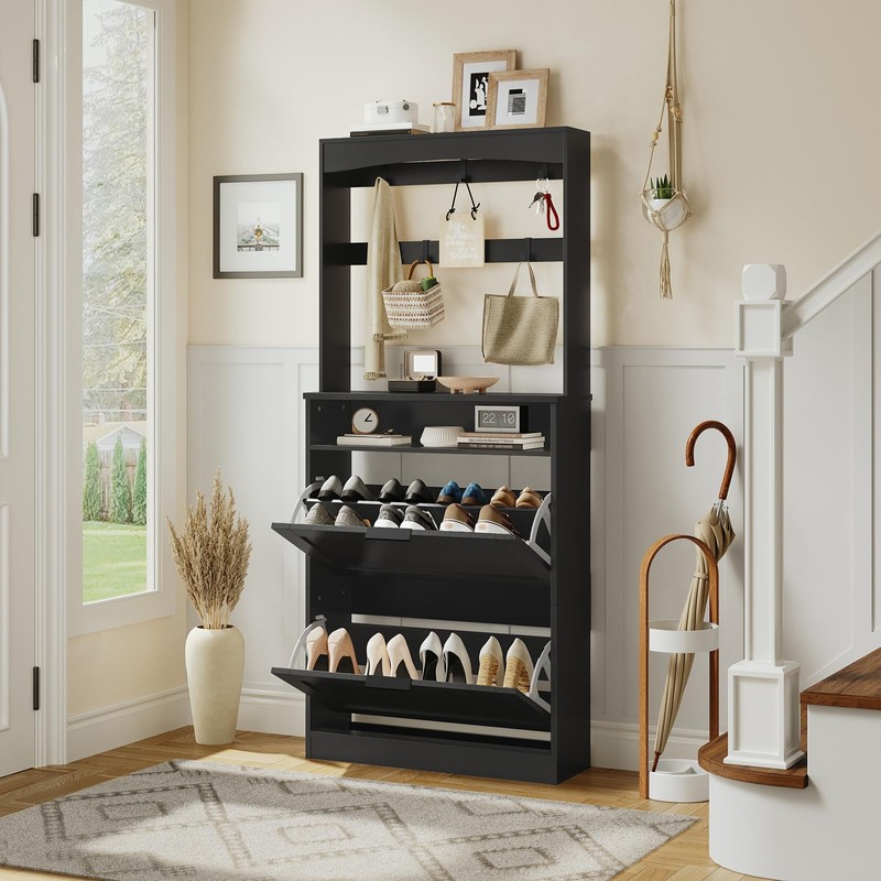 YATINEY Tall Shoe Cabinet with Flip Drawers and Coat Rack,