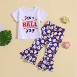 Toddler Baby Girl Baseball Outfit Play Ball Y'all Baseball T Shirt Top Flare Pants Set 2Pcs Summer Baseball Clothes (Blue White, 3-4 Years)