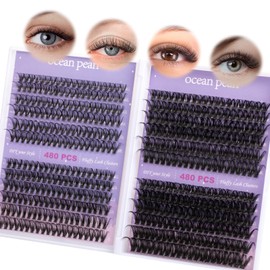 Ocean Pearl Cluster Lashes 480PCS 11-20mm Individual Lashes 30D+40D+80D+100D Eyelashes Clusters DIY Cluster Eyelash Extensions Thick Volume Lashes Natural Soft Cluster Lash Extension at Home