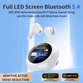 Wireless Bluetooth 5.4 Earbuds,ENC/ANC Noise Cancelling Earphones,LED Full Screen Smart Touch Heardphones IPX5 Waterproof In Ear HiFi Sound Stereo Headset for Laptop Pad Android/iOS Phones (White)