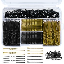 Axinost 300 Stück Haarnadeln, Metall Wellenform Haarklammern, Bobby Pins, U-Haarklammern, Haarnadeln,Haargummi, mit Aufbewahrungsbox für Kinder, Mädchen, Friseursalon(Black and Gold)