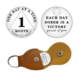Sobriety Coin 6 Month Sober Anniversary ONE Day at A TIME AA Recovery Medallion Chip Recovery Token NA OA Great Sobriety Gifts for Men Women Alcoholics Anonymous PU Leather Keychain Included
