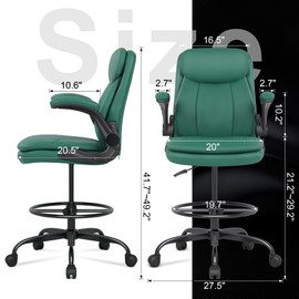 Misolant Drafting Chair, Tall Office Chair for Standing Desk, High Leather Executive Office Chair with Adjustable Height and Flip-up Armrest for Counter Height Desk Green