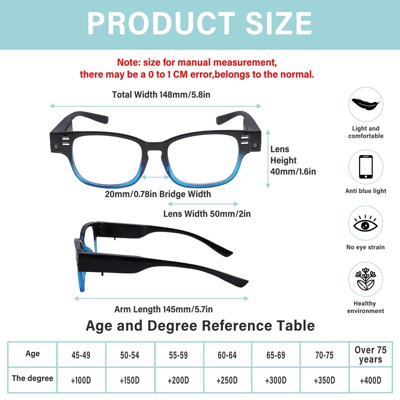 3Pack Reading Glasses with Light Bright LED Readers Magnifying Glass