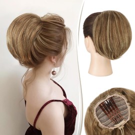 RUWISS Real Human Hair Bun Short Drawstring Ponytail Hair Pieces for Women, Natural Straight Updo Bun Comb Clip in Ponytail Extension for Women, Brown Mixed Light Blond