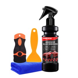 SHIELDOM Adhesive Remover, Dissolve & Soften Adhesives on Car Glass & Paint, Easily Remove Glue Sticker Labels Decals Tape Residue, Portable Spray Removal Set with Scraper, Spatula, Towel -3.4oz/100ml