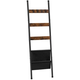 HOOBRO Blanket Ladder, 5 Tier Towel Rack, 17.3" L x 63" H, Wall-Leaning Blanket Rack for Living Room, Decorative Ladder with 4 Hooks and Magazine Pocket, Rustic Brown BF32CJ01