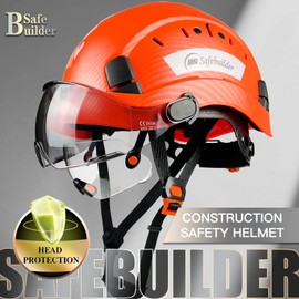 SAFEBUILDER Construction Safety Helmet with Build-in Visor ABS Hard Hat with Visor Adjustable Ventilation Hardhats Work Head Protection ANSI/ISEA Z89.1 (Matte Orange Hat with Clear & Tinted Visor)
