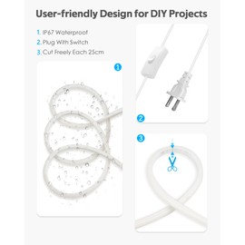 Samsion COB Led Strip Lights 150FT AC110V 120V Flexible LED Outdoor Rope Light Waterproof One Roll 6000K Daylight White 288Leds/M 45M Led Tape Lights with Switch Plug in IP67 for Holiday Decor