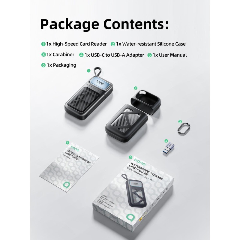 llano Portable 4.0 Memory Card Reader, Waterproof, Shockproof, Compact Design