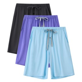 CF Mens Pajama Pants Bamboo Viscose Sleep Lounge Shorts Soft Pj Bottoms Lightweight Elastic Waist Pants with Pockets 2 Pack, Black& Purple& Light Blue, Medium