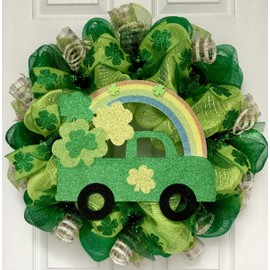 St Patricks Day Shamrock Truck With Rainbow Handmade Deco Mesh Wreath