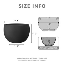 Kante 19.9" Dia Round Concrete Planter, Outdoor/Indoor Large Bowl Plant Pots with Drainage Hole and Rubber Plug for Garden Patio Balcony Home, Black