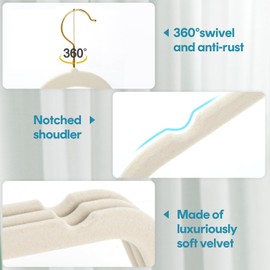 UNEED Ivory Velvet Hangers with Golden Hooks, 36 Pack - Ultra Thin Space Saving, Non-Slip Clothes Hangers for All Clothing, Dorm & Closet Organization (Heavy Duty, Anti-Scratch,360° Protection)