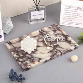 Marble Bathroom Vanity Tray, Natural Genuine Marble Home Kitchen Bathroom Table Tray, Stone Decorative Countertop Serving Trays for Coffee Perfume Jewelry Makeup (Calacatta Viola)
