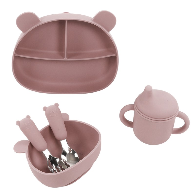 5pcs Baby Feeding Kit Food Grade Silicone Bear Design Plate