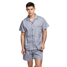TONY AND CANDICE Men's Cotton Pajamas, Short Sleeve Pajama set Woven Button-Down Sleepwear Loungewear Nightwear (Grey, Medium)