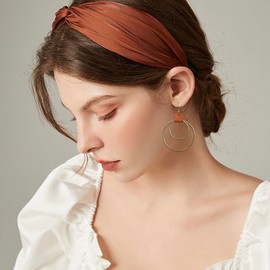 JIMARIN Handmade Bohemian Vintage Copper Hollow Double Round Circle Geometry Dangle Drop Earrings with PU Leather for Women (Bronze)