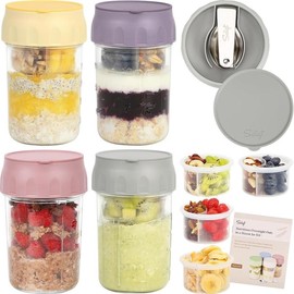 Soligt Overnight Oats Containers with Lids, Folding Spoons, and Divided Compartments for Fruit & Nuts, Small Glass 16oz Mason Jars for Oatmeal Yogurt Parfait Kitchen Utensils Christmas Ornaments 2024 - Color: 4 Set-Gray/Wisteria Purple/Rose Pink/Egg Yell