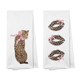 GTYNU Funky Cheetah Coquette Lip Kitchen Towels Set of 2,Trendy Leopard Bow Kitchen Decor Dish Tea Towels,Retro Cheetah Aesthetic Bathroom Decor Hand Towels,16x24 Inch