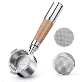 VINATO 51 mm Bottomless Portafilter - Stainless Steel Filter Holder Compatible with DeLonghi EC680 / EC685 / EC885 / EC890 - Portafilter with 1 Cup Splicing Handle Made of Walnut Wood and Stainless