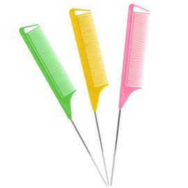 Rat Tail Combs Parting Comb: 3Pcs Rat Tail Comb Set, Long Steel Pin Rat Tail Teasing Comb, Hair Combs for Salon Hair Stylist, Tail Combs Metal ,Parting Combs for Women(Green|Yellow|Pink)