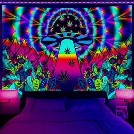 JAWO Trippy Blacklight Tapestry, Psychedelic Mushroom Floral Fantasy Mountain UV Nature Tapestry, Colorful Backdrop Wall Hanging for Bedroom Living Room 60x40
